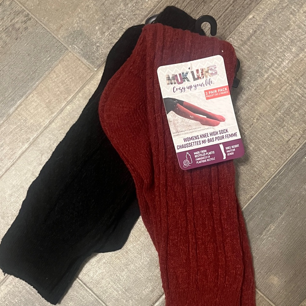 Muk Luks Women's Red pair and Black Pair of Knee High Socks - 2 Pair Pack